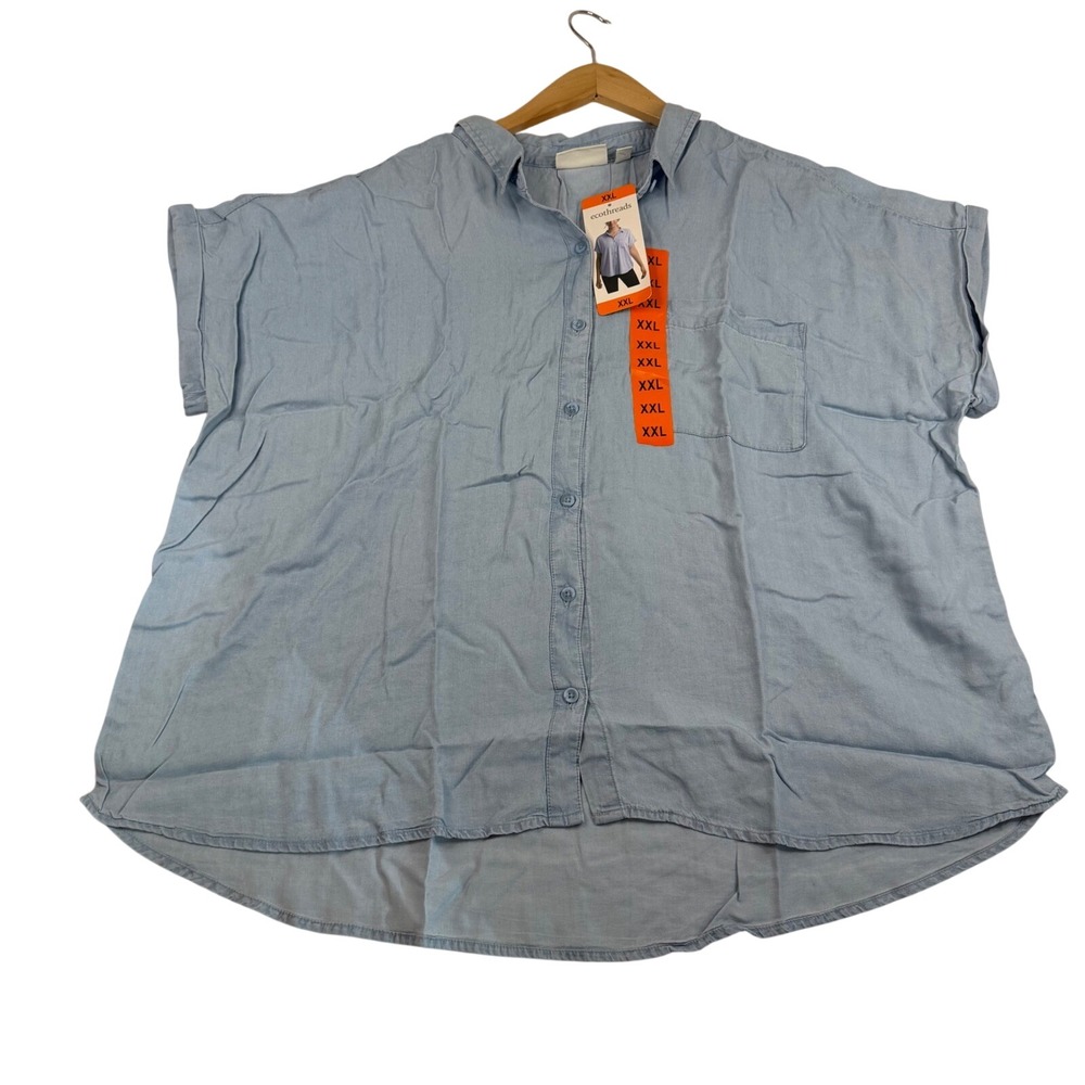 Ecothreads Womens XXL Light Blue Short Sleeve Button Down Shirt Oversized NWT